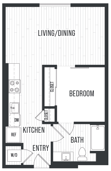 Floor plan for 1 bed, 1 bath, 647 sqft